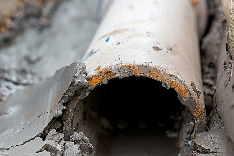 Broken concrete pipe with rough edges and debris