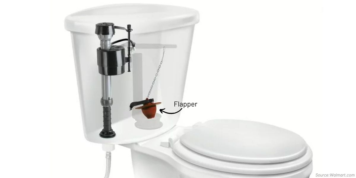 Illustration of a toilet tank with labeled flapper inside
