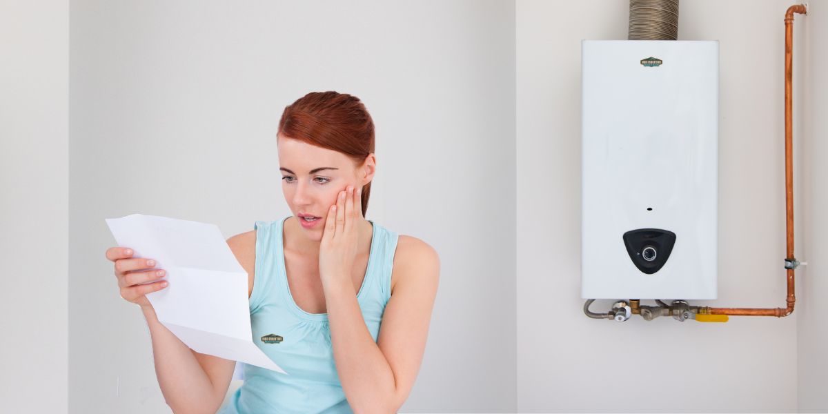 Worried woman looking at a bill with a water heater on the wall behind her