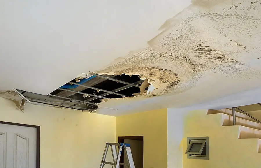 Collapsed ceiling with severe water damage