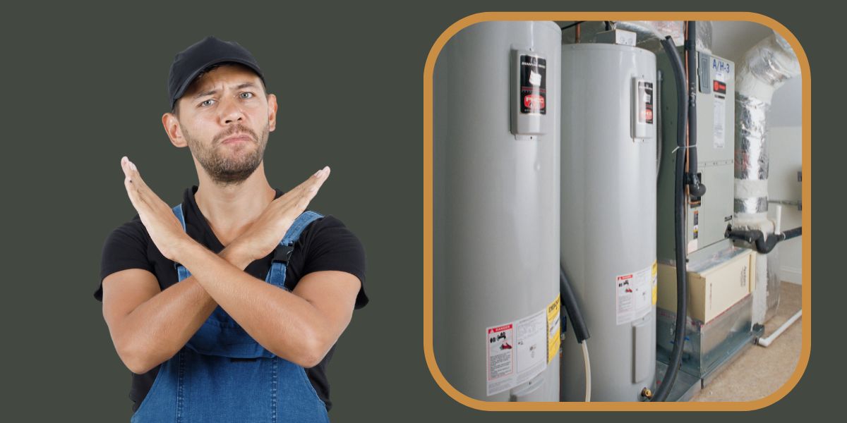 A technician in overalls crossing his arms in an "X" gesture, signaling disapproval