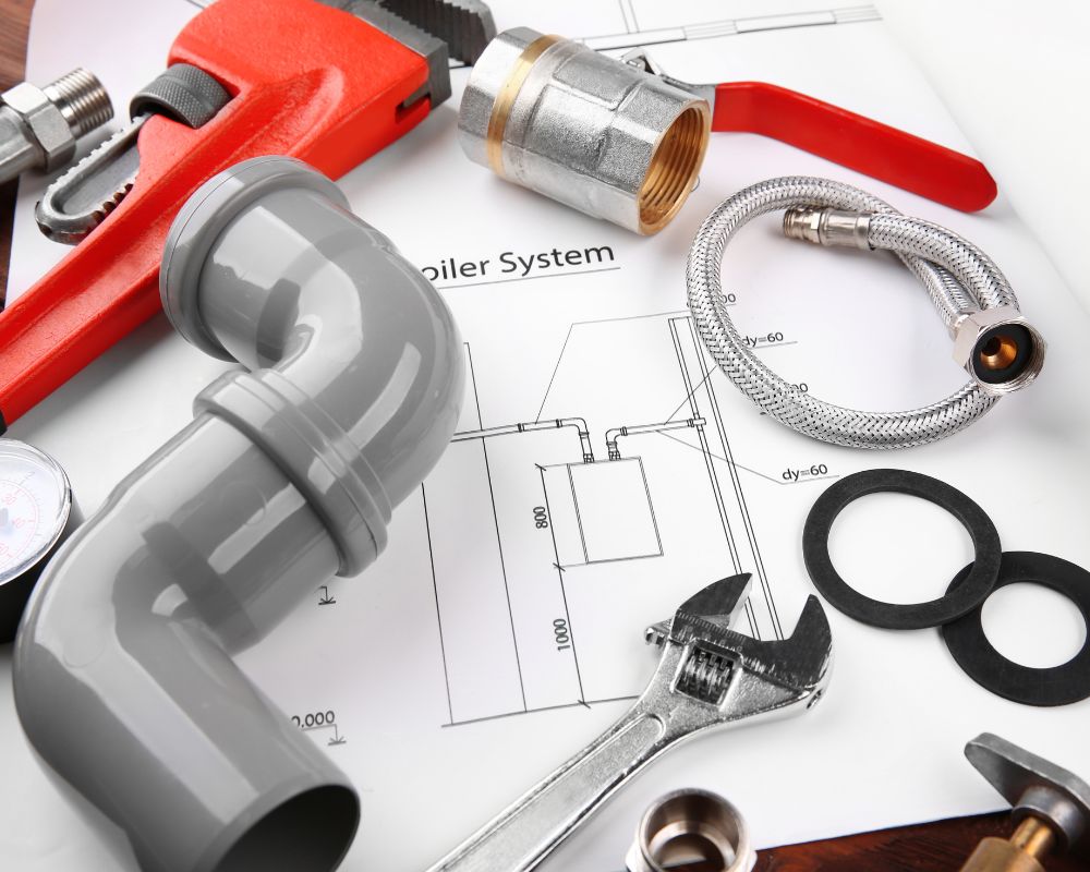 Plumbing tools and parts on a blueprint
