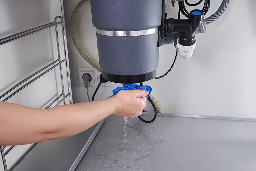 Leaking garbage disposal being wiped with a cloth